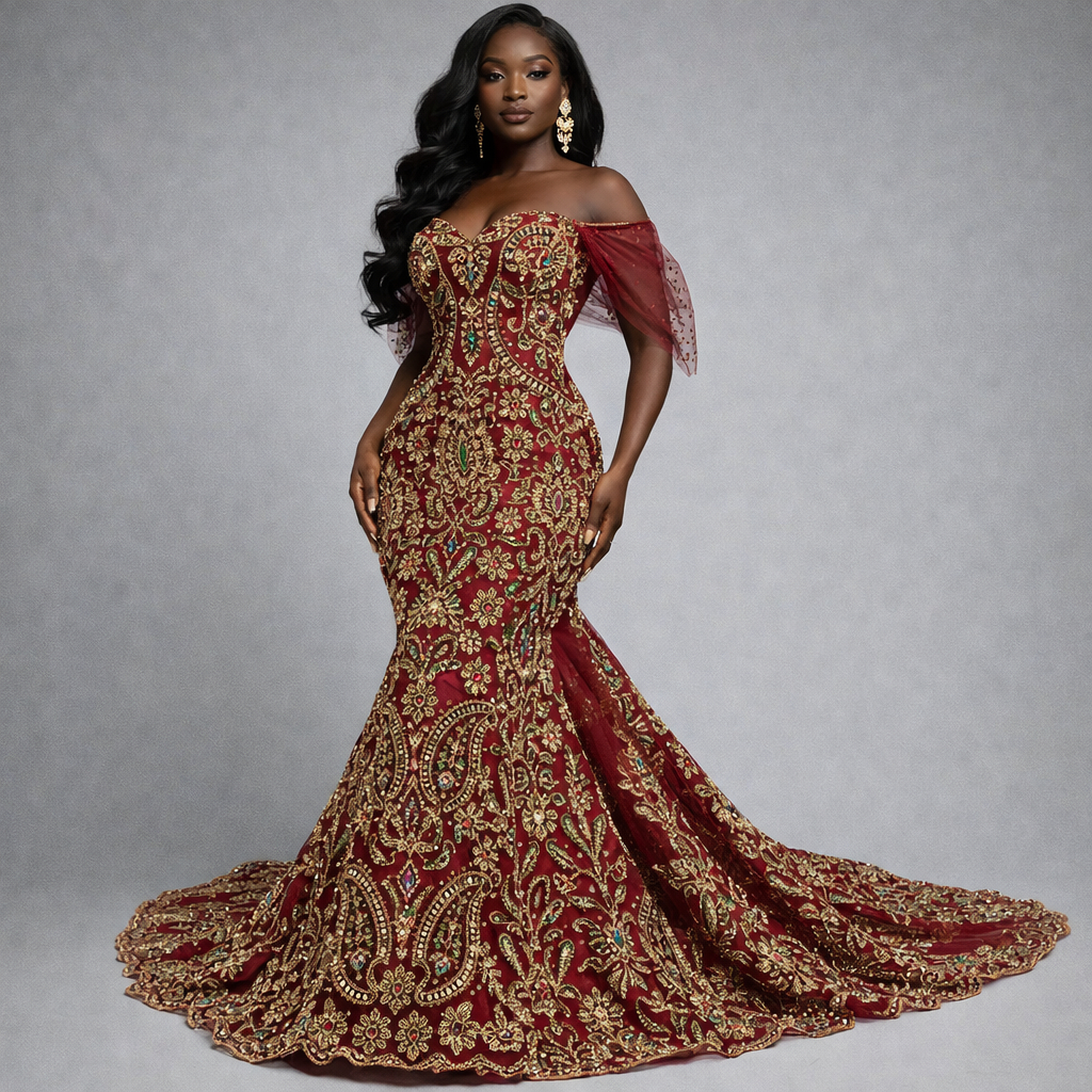 Maroon Embroidered Sequin Net Lace Fabric